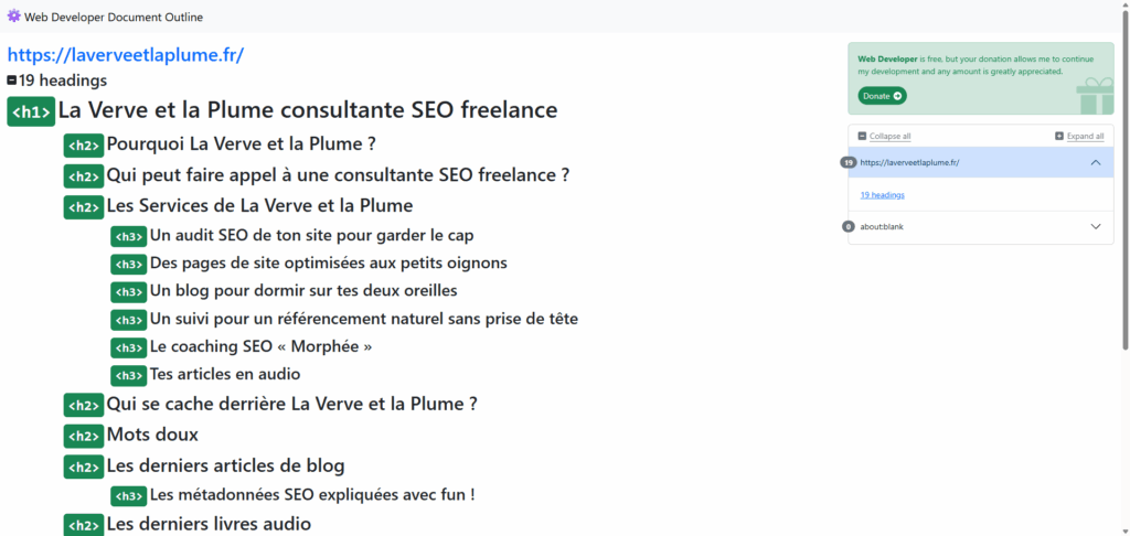 test de la structure Hn de page (SEO) avec Web Developer