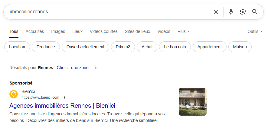 affichage d'une annonce sponsorisée (SEA) dans Google.