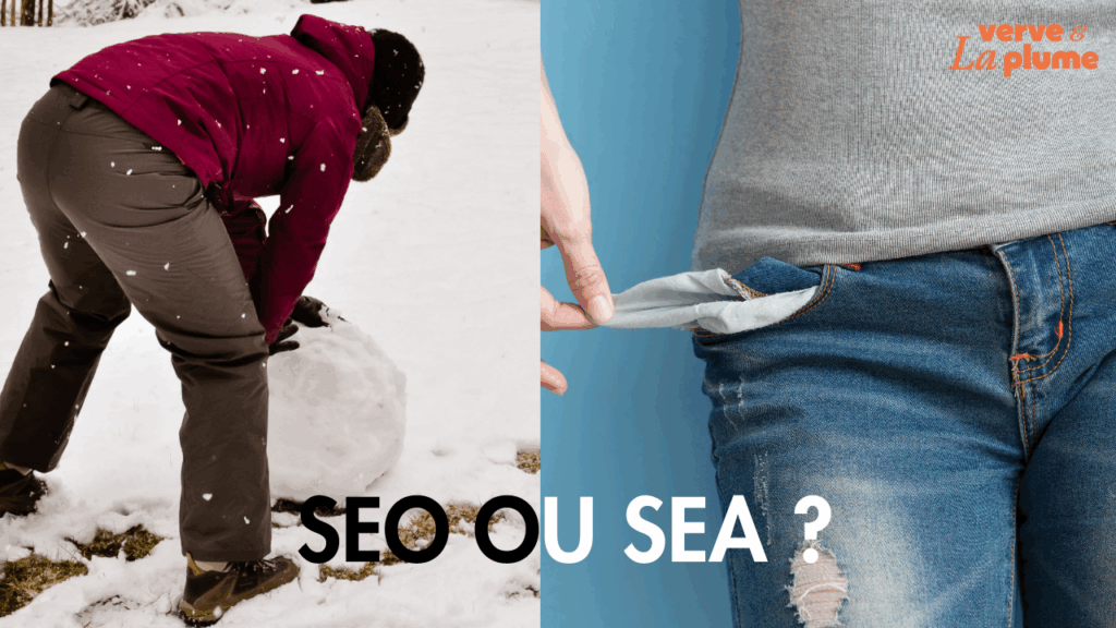 Image d'une personne poussant une boule de neige et d'une personne qui a une poche vide pour illuster avec humour la question "SEO ou SEA ?"